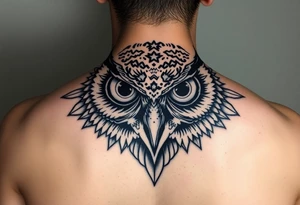 Owl head with large intense tripping on acid colored eyes with cyberpunk style tattoo idea