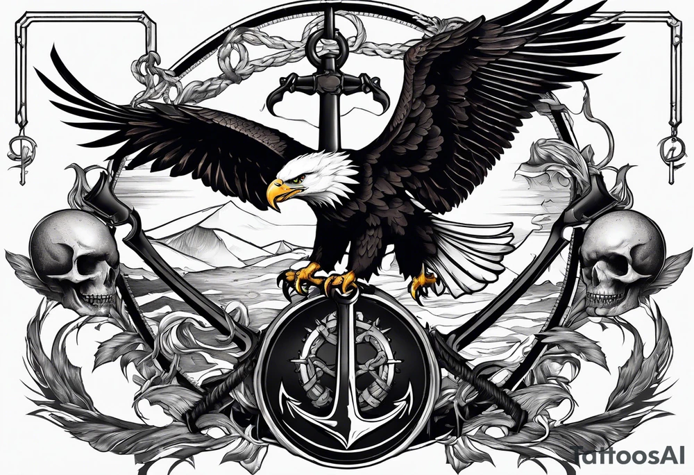 Eagle holding a skull in claws, and scythe in the shape of anchor tattoo idea