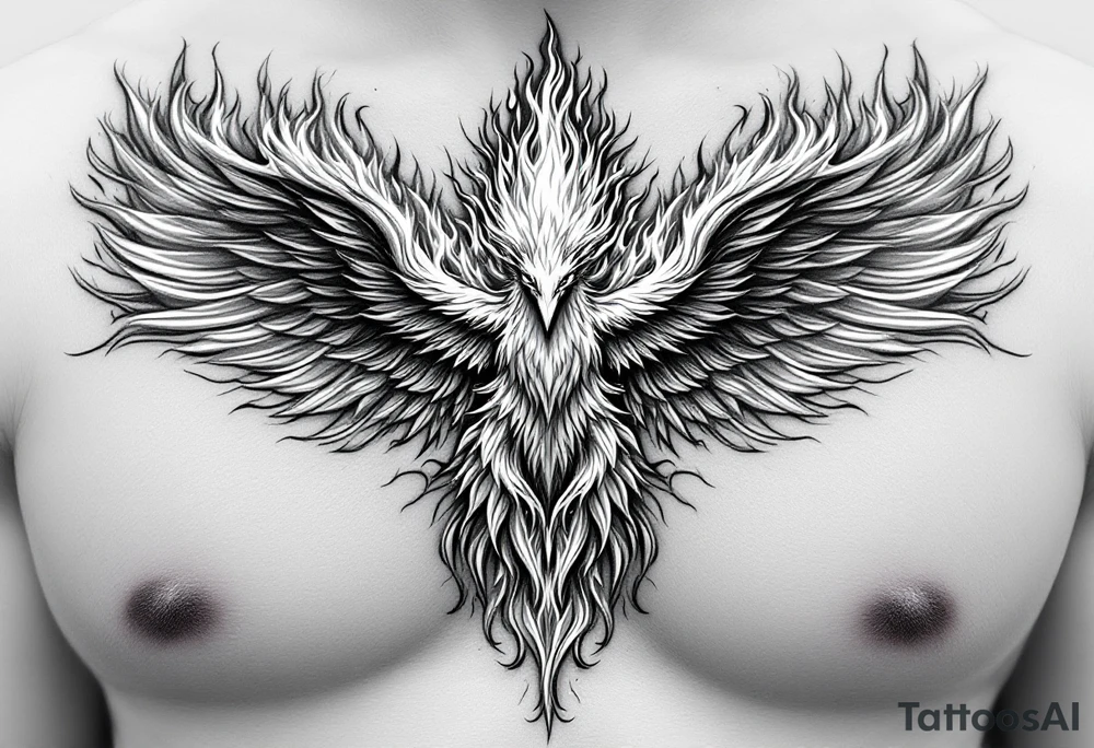 Realistic and symmetrical flaming Phoenix rebirth with spread wings in a down motion surrounded by fire mapped onto chest only. Phoenix head must be in the middle of the chest, straight and symmetrical. Fire should be surrounding spread wings
Wings should be spread down only on pectoral muscle around the nipples. tattoo idea