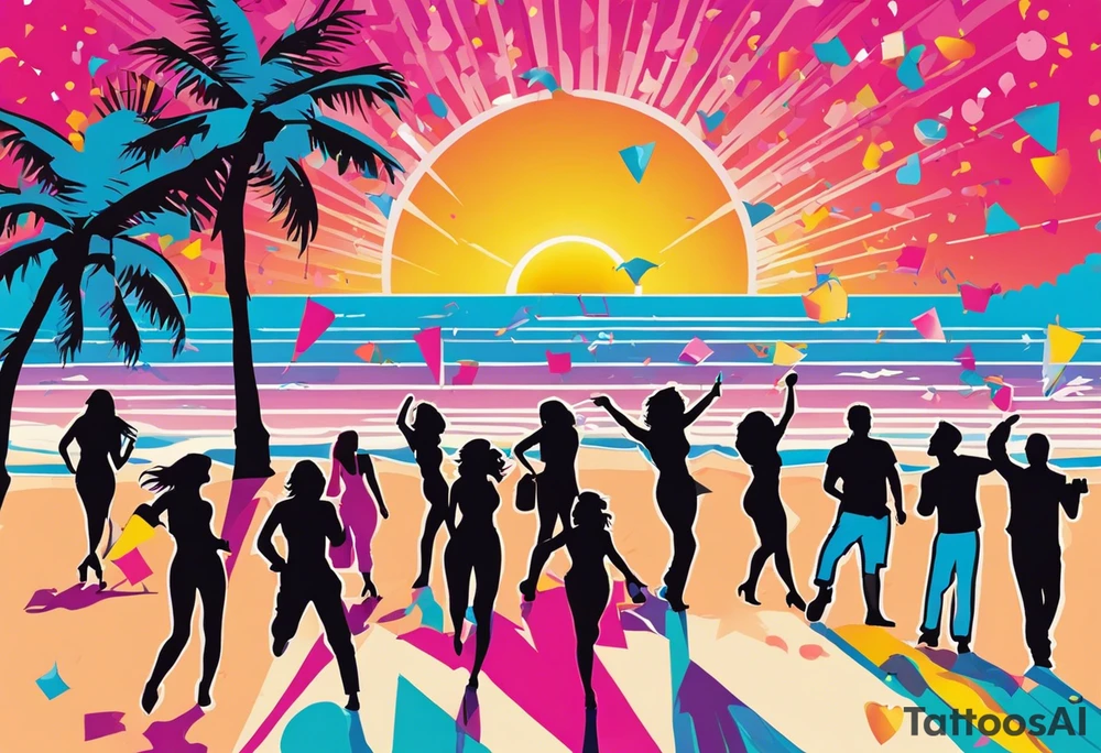 1980's miami vice style beach dance 
party, include confetti, music notes, boom box, SILHOUETTE bikinis sunset in the center tattoo idea