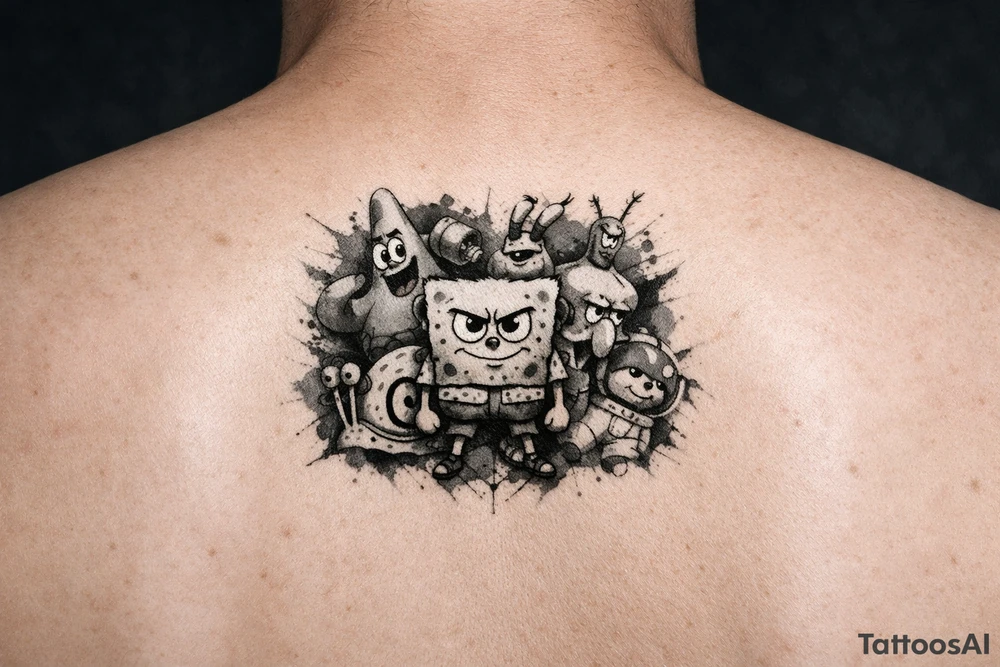 watercolor SpongeBob cartoon characters theme on my leg tattoo idea