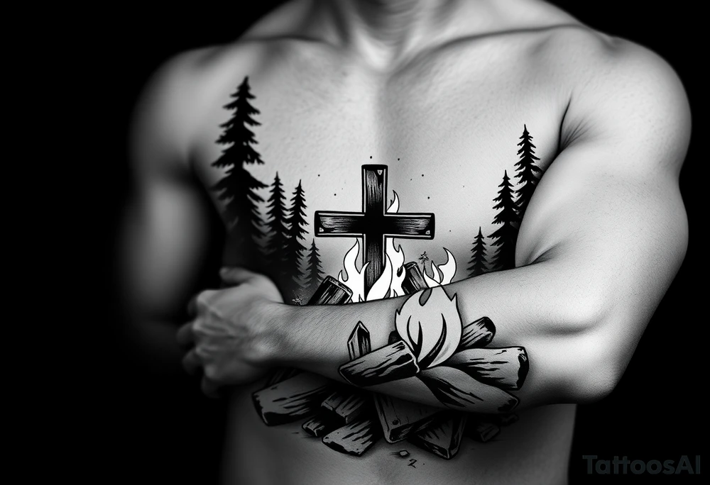 Campfire with cross hidden in the flames include the great outdoors and night sky make sure cross doesn't look like it is on fire tattoo idea