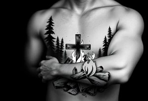 Campfire with cross hidden in the flames include the great outdoors and night sky make sure cross doesn't look like it is on fire tattoo idea