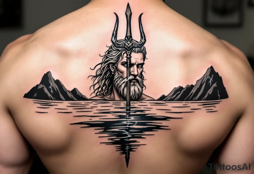 neptune with trident half way in calm water with lightning tattoo idea