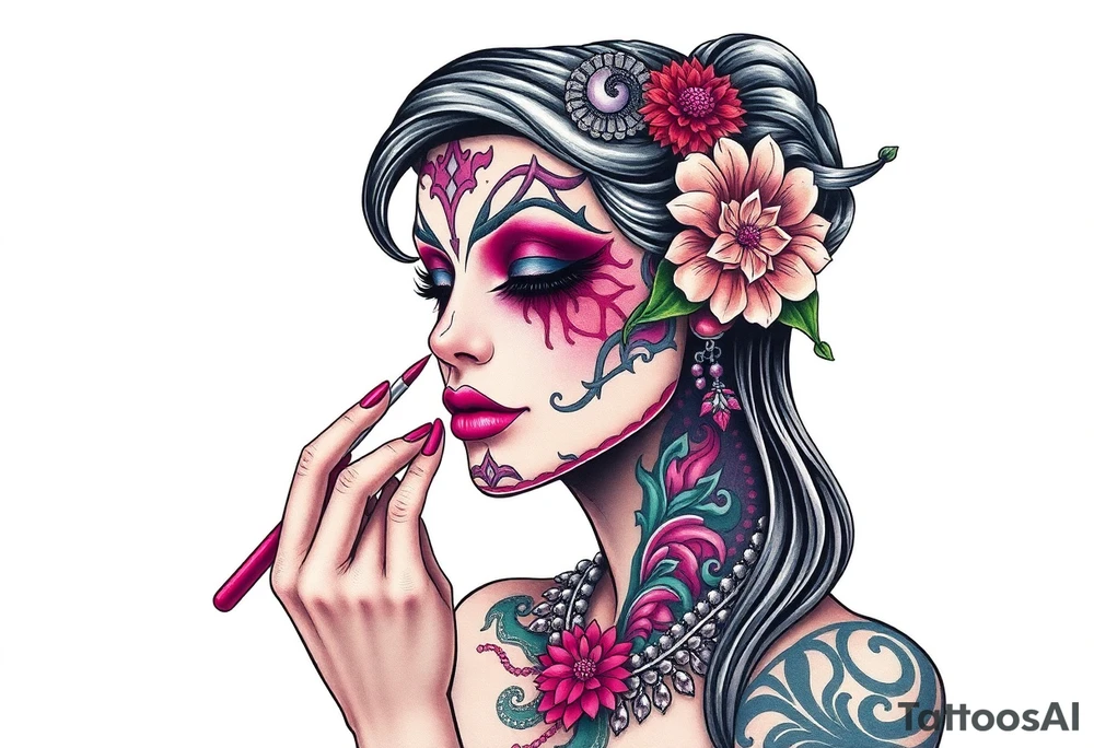 Young woman putting ritual make up on tattoo idea