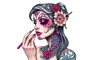 Young woman putting ritual make up on tattoo idea