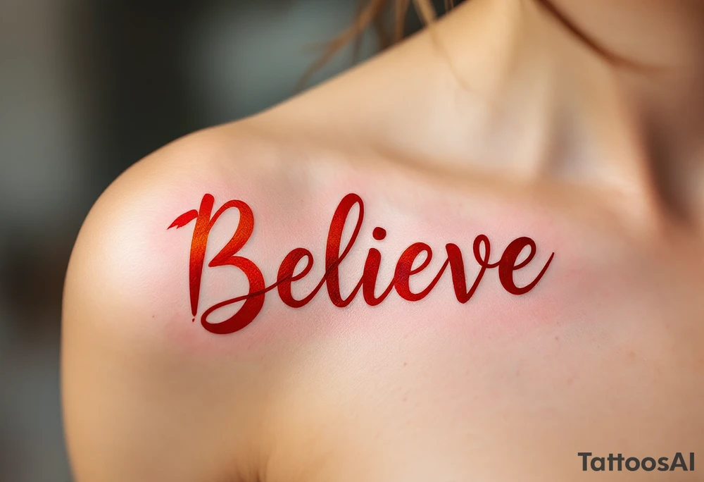 The word "Believe" in bold, fiery red, complemented by a silhouette of a phoenix rising in orange, symbolizing rebirth and transformation. tattoo idea