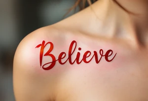 The word "Believe" in bold, fiery red, complemented by a silhouette of a phoenix rising in orange, symbolizing rebirth and transformation. tattoo idea