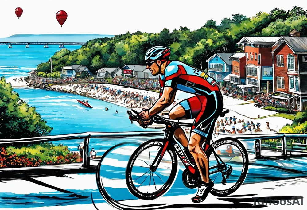 Ironman Triathlon 70.2 in Wilmington North Carolina. Featuring the three Disciplines of a triathlon swimming, cycling and running. Also including the Ironman M-DOT Logo and the Number 70.2 in a North Carolina Landscape tattoo idea