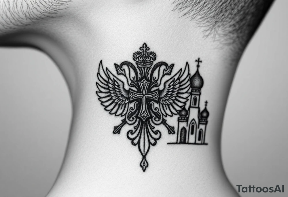 russian coat arms in a russian christian orthodox cross with the cross in the middle with a virgin mary & orthodox dome church on the side of the neck tattoo idea