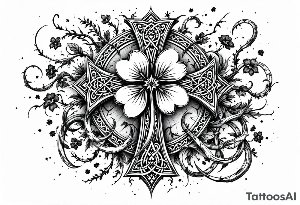 detailed irish celtic cross with a four leaf clover being surrounded by other celtic elements tattoo idea