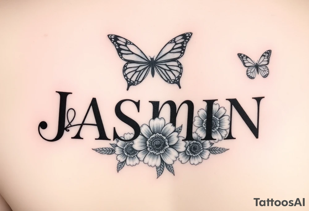 I NEED THE NAME JASMIN, THE DOT IN THE LETTER I TO BE A HEART, AND  BUTTERFLIES AND SUNFLOWERS AND SOME ROSES. I WANT THE ROSES TO UNDER THE TOP PART OF THE LETTER “J” AND FOR THE SUNFLOWERS, I WANT THOSE TO BE UNDER THE LETTER “N”, I WANT 2 ROSES AND 3 SUNFLOWERS tattoo idea
