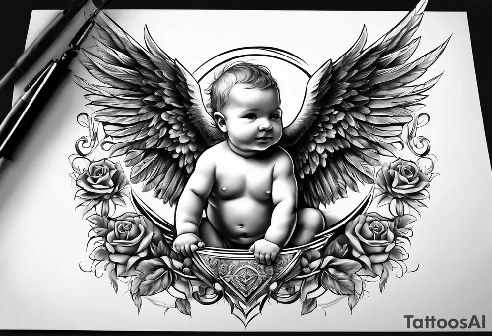 A baby angel with the letters Lev Livet Mens du kan tattoo idea