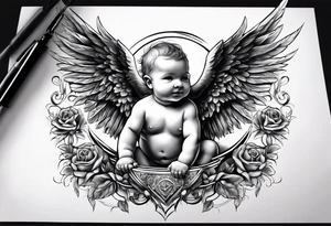A baby angel with the letters Lev Livet Mens du kan tattoo idea