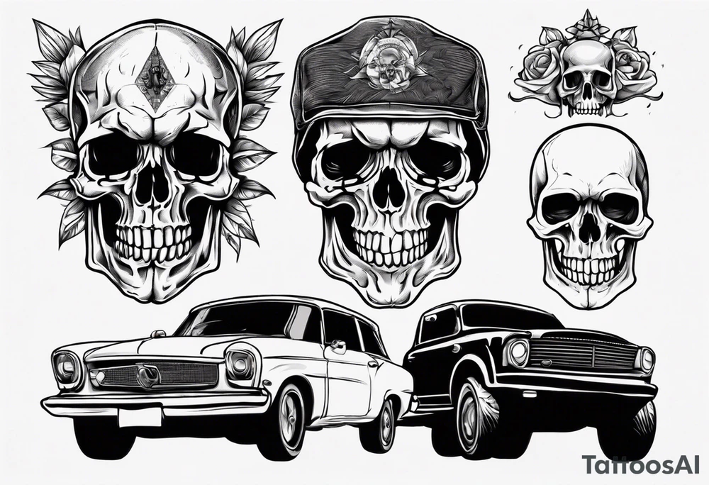 Skull on hood of car tattoo idea