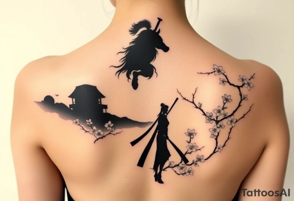 noble samurai warrior silhouette at sunset with cherry blossoms tattoo idea