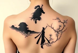 noble samurai warrior silhouette at sunset with cherry blossoms tattoo idea