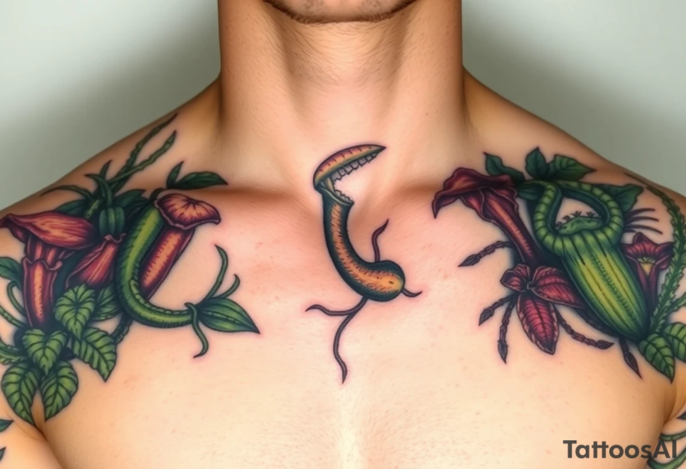 carnivorous plants neck, chest, back, and arm sleeves
I want these spots covered in these plants, ranging from venus fly traps to others
Make it masculine looking, I want it to look kinda like a plant guide book tattoo idea