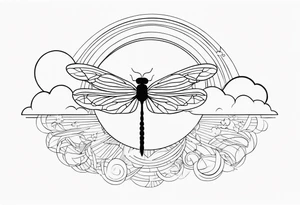 (fine line) cloud and sun with small dragonfly tattoo idea