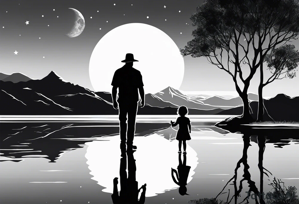 Father in between 6 year old daughter and 2 year old son. Standing in front of water with their reflection with tree beside them and mountains in the background. Moon in the sky reflecting in the water tattoo idea