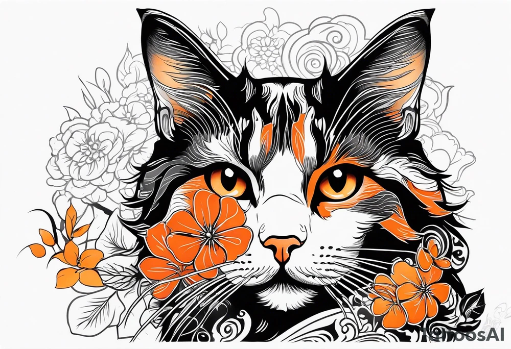 calico cat with orange on the right side of the face and black on the left side of the face tattoo idea