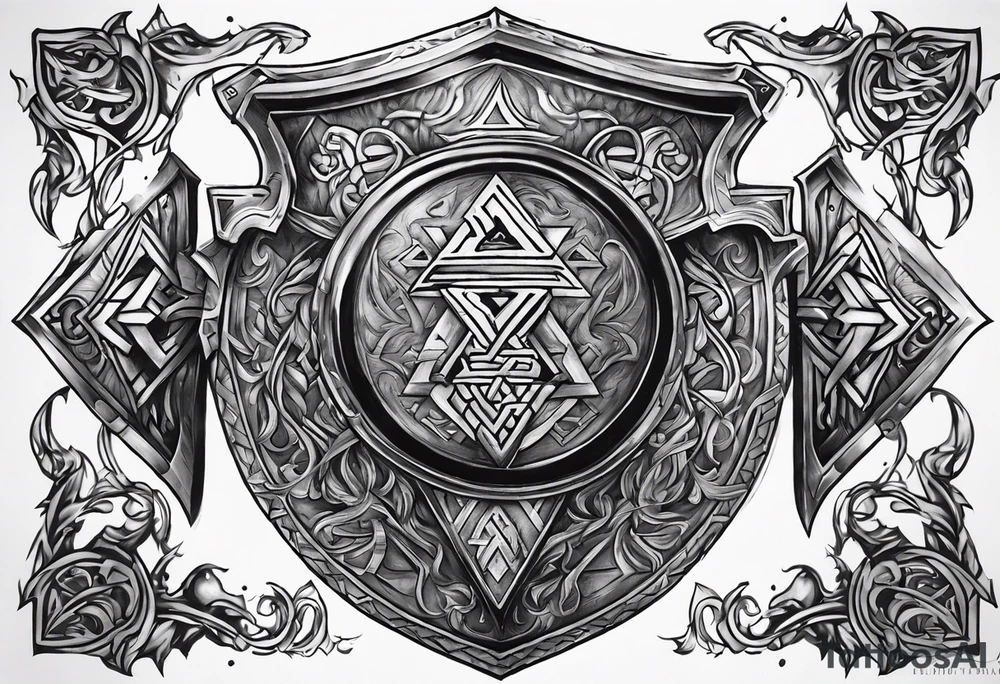 Valhalla shield sword axe Valknut fire armour tattoo idea