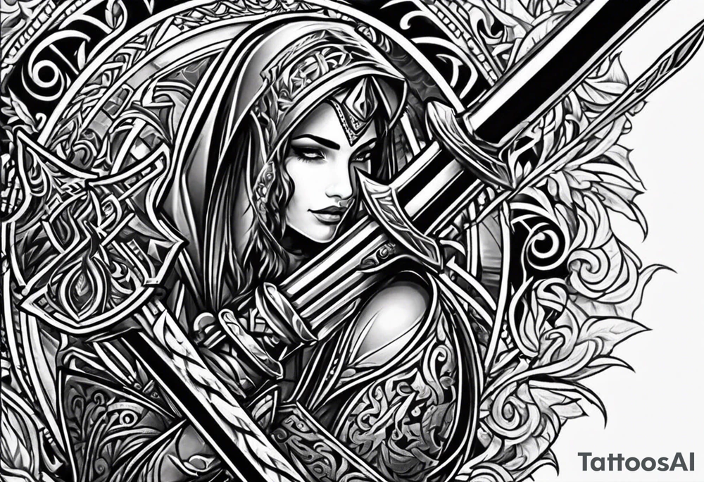 cyber sigilism round pointy swords shoulder design tattoo idea