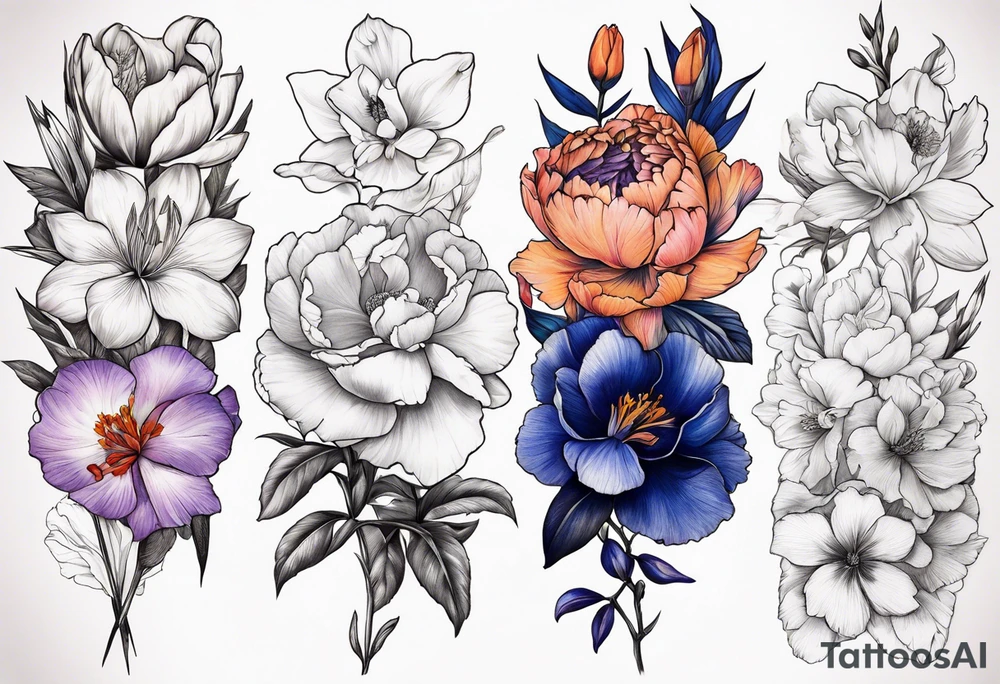 full sleeve of floral tattoos. pink peony in center. purple gladiolus flower, red hawthorn, orange marigold, navy blue sweet pea, and white paper white narcissus tattoo idea