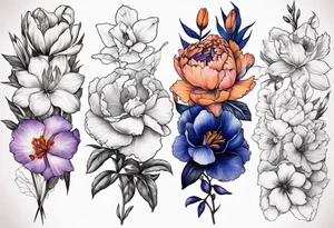 full sleeve of floral tattoos. pink peony in center. purple gladiolus flower, red hawthorn, orange marigold, navy blue sweet pea, and white paper white narcissus tattoo idea