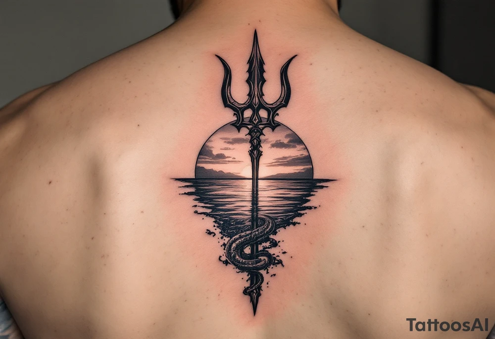 trident with Poseidon half way under calm water at sunset tattoo idea