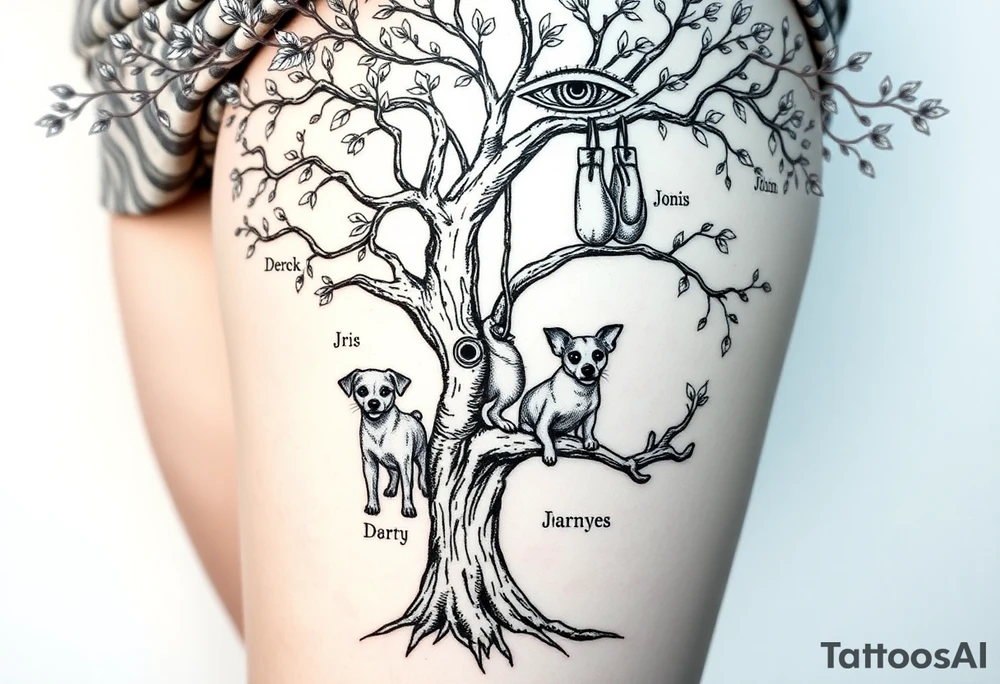 Hippy beech tree full of life. 
Jamie, Derek, Iris, John, bill, Winnie names in the roots, Mavis, Garhi, Mickey, Pam, Lucy, in the branches at the top. Names can be in Hebrew. 
Three dogs a Rhodesian Ridgeback, King Charles cavalier and chihuahua. 
Prett, feminine ornate. Boxing gloves hanging from tree maybe with an all seeing eye overseeing it all. Must be feminine and pretty tattoo idea