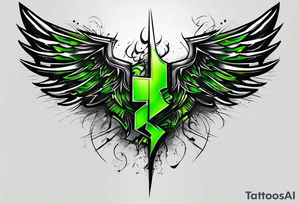 Forearm wing tattoo with streaks of neon green lightning going through/around it tattoo idea