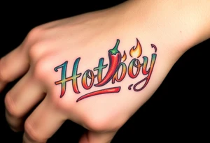 Chili pepper and fire lettering says Hotboy tattoo idea