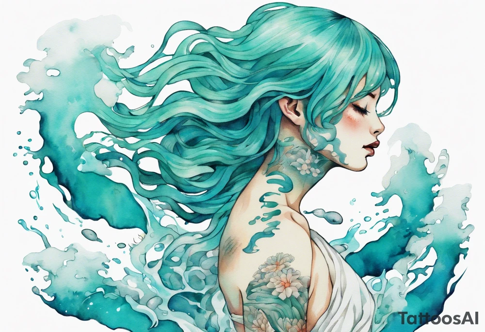 a woman made out of water with gills emerging from the sea, turquoise hair, wearing a white robe, tattoo idea