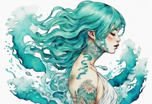 a woman made out of water with gills emerging from the sea, turquoise hair, wearing a white robe, tattoo idea