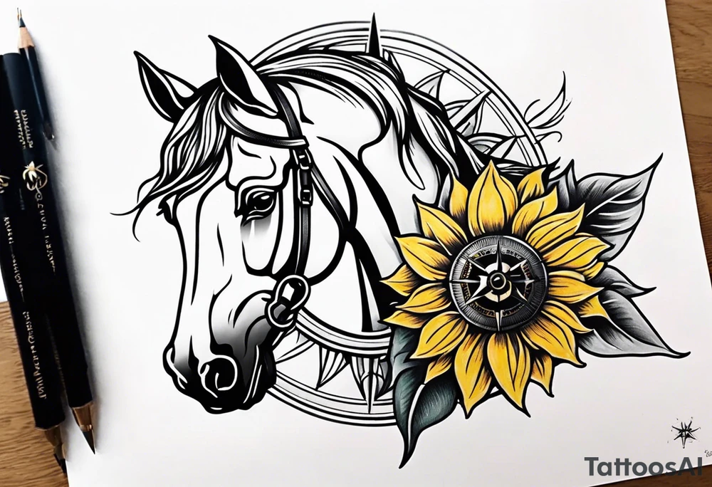 Horse, compass, sunflower tattoo idea