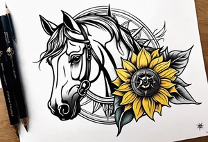 Horse, compass, sunflower tattoo idea