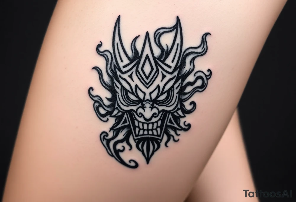 Oni mask surrounded by smoke tattoo idea