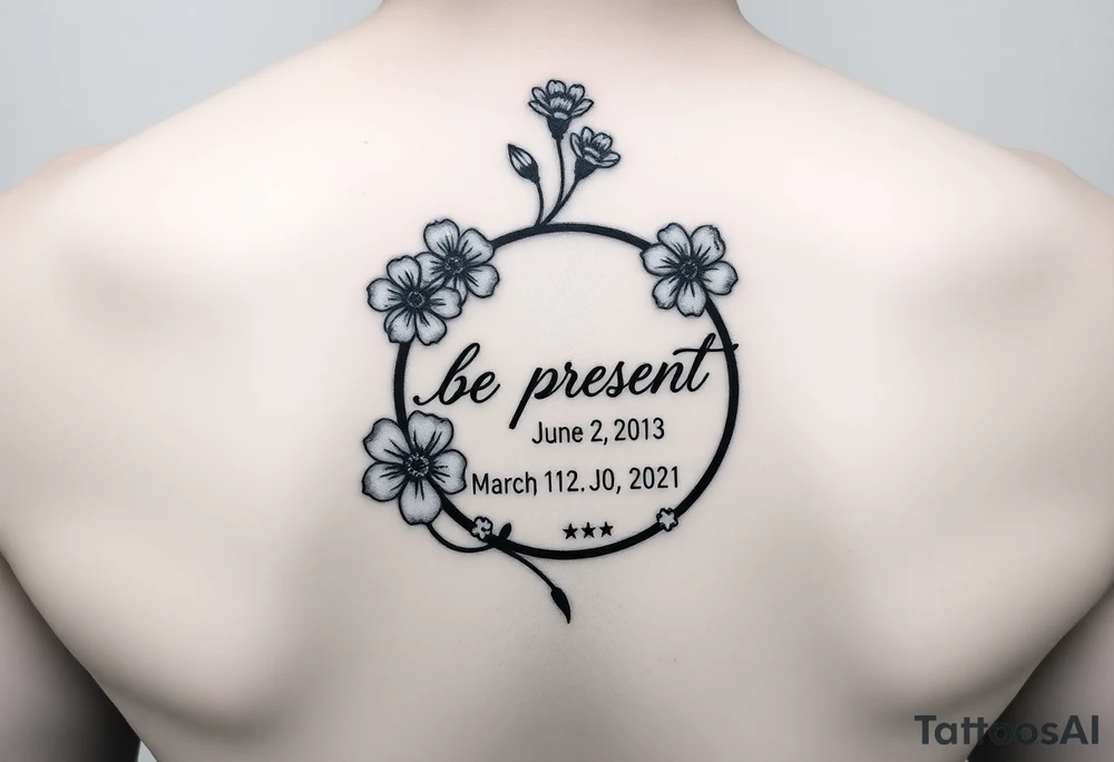 Enso ring with flowers and a stem with writing in cursive that says be present. Incorporate the dates June 2, 2013, March 2, 2016, and January 20, 2021. Also include three stars.


Make the Enso ring prominent tattoo idea