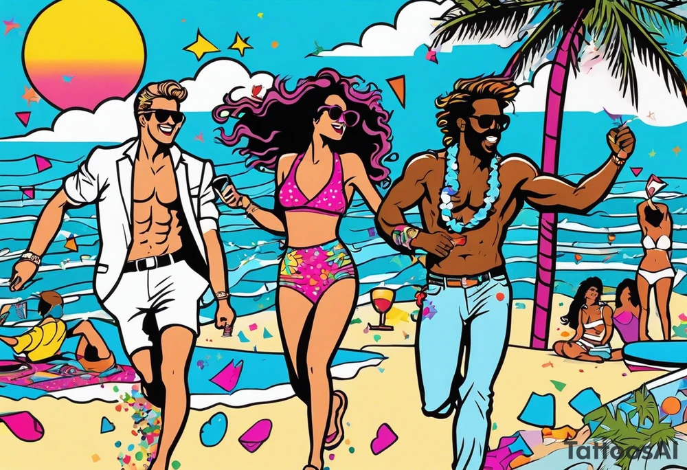 1980's miami vice style beach dance 
party, include confetti, music notes, boom box, bikinis sunset in the center tattoo idea