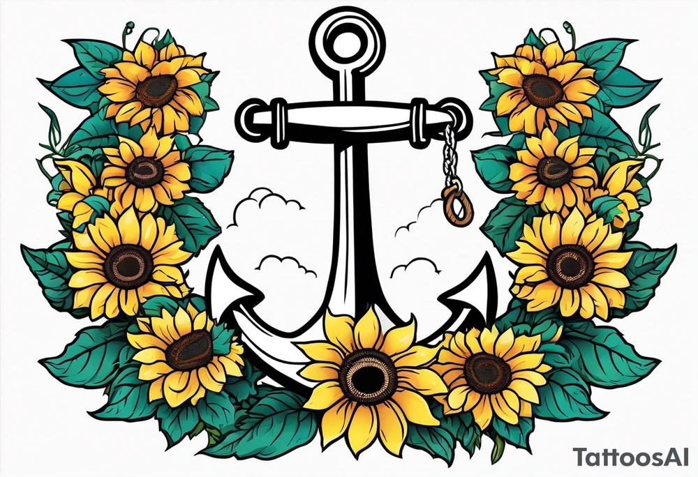 Anchor, wrapped in rope, with sunflowers throughout, thigh tattoo tattoo idea