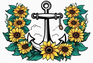 Anchor, wrapped in rope, with sunflowers throughout, thigh tattoo tattoo idea