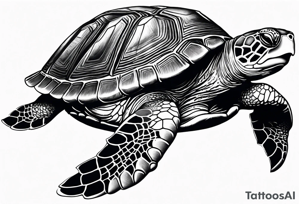 A serene turtle swimming underwater, detailed shell patterns visible, symbolizing patience and longevity.” tattoo idea