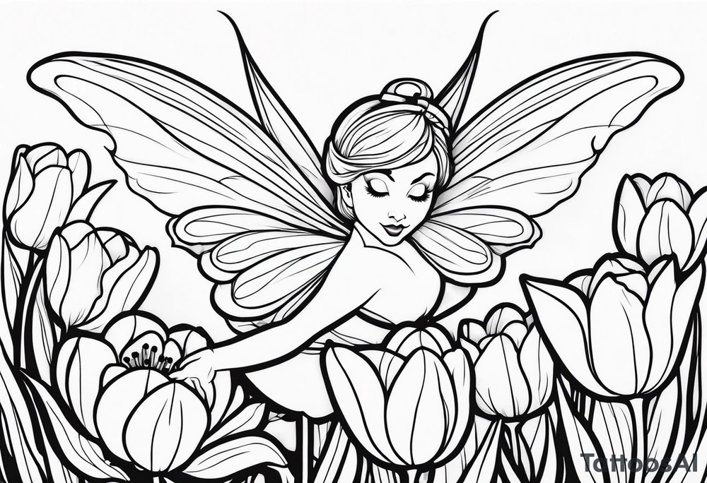 a fairy flying into a tulip tattoo idea