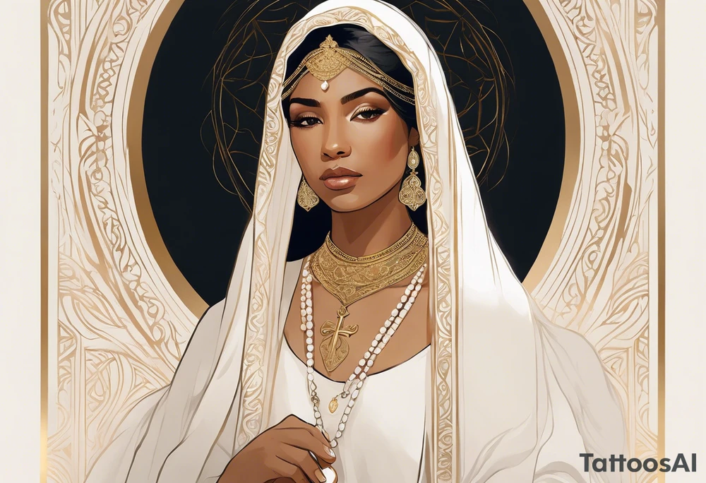 A serene and elegant portrait of a woman with a calm and angelic expression, wearing a delicate white veil, gold jewelry with intricate designs, and a pendant with a religious icon. The lighting is soft and warm, creating a painterly and ethereal effect, reminiscent of classical art tattoo idea