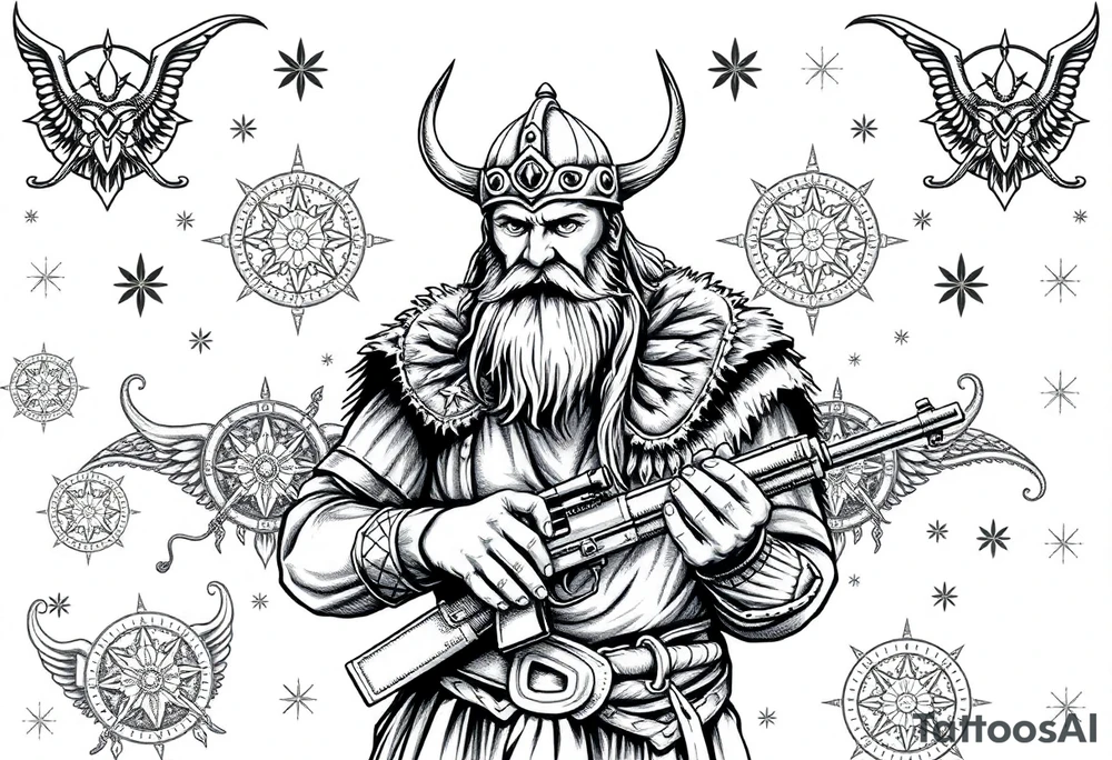 A Viking in the battlefield surrounded by Viking symbols and patterns. Hidden in the patterns is an Australian army rifle and slouch hat. tattoo idea