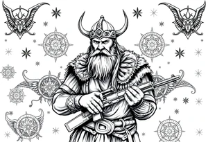 A Viking in the battlefield surrounded by Viking symbols and patterns. Hidden in the patterns is an Australian army rifle and slouch hat. tattoo idea