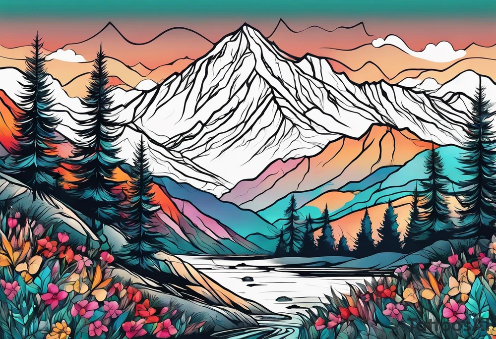 Mountains and trees with wildflowers tattoo idea