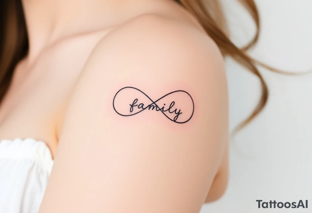 A minimalist infinity symbol composed of thin, intersecting lines, with the word "family" subtly incorporated along the curve in a contemporary font tattoo idea