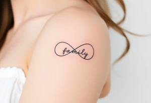 A minimalist infinity symbol composed of thin, intersecting lines, with the word "family" subtly incorporated along the curve in a contemporary font tattoo idea